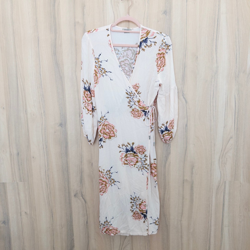 Anama Women Floral Midi Dress S Pink Side Slits Wrap Long Sleeve Boho Romantic